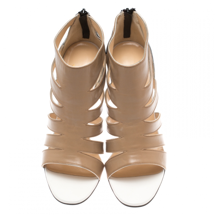 Pre Owned Christian Louboutin Beige/Black Letaher BeautyK Cut Out Open Toe Booties Size 40