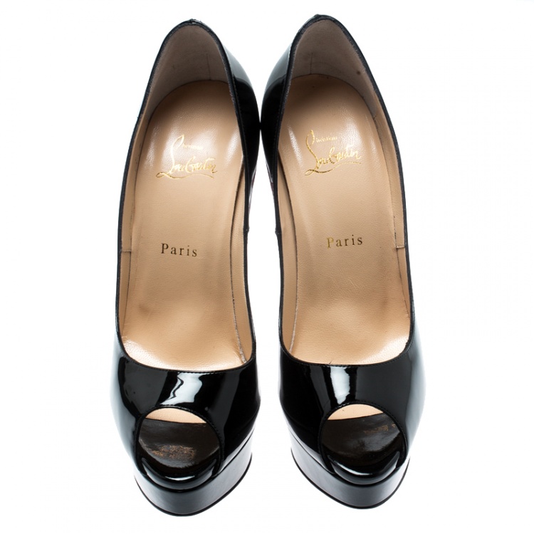 Pre Owned Christian Louboutin Black Patent Leather Lady Peep Toe Platform Pumps Size 39