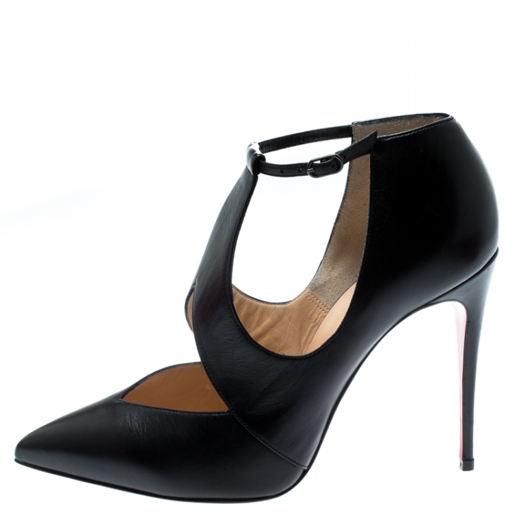 Pre Owned Christian Louboutin Black Leather Ankle Strap Pointed Toe Booties Size 38.5
