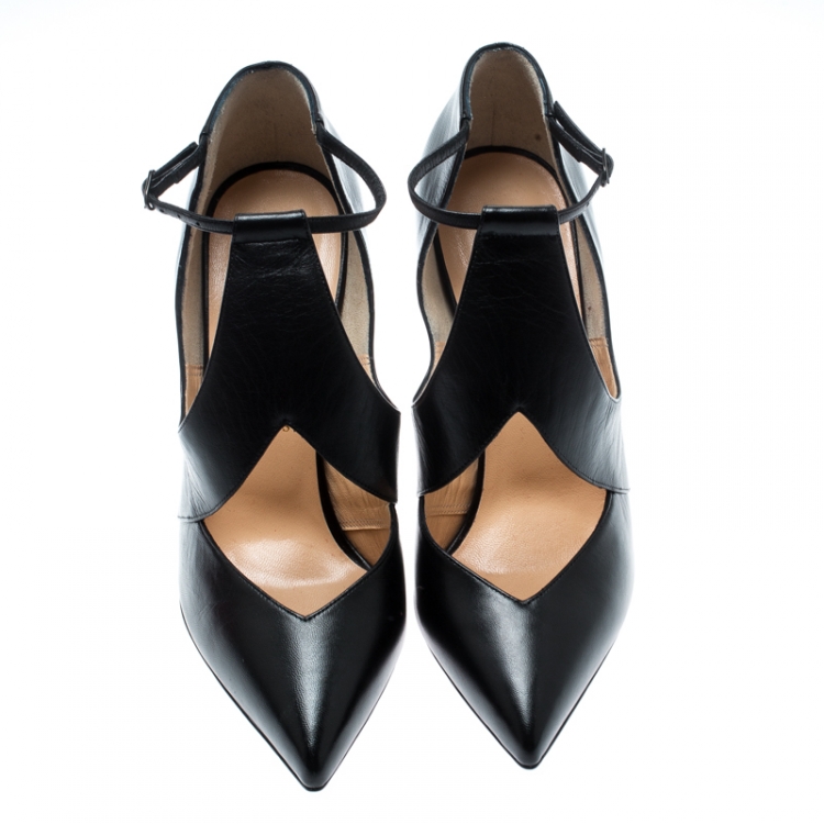 Pre Owned Christian Louboutin Black Leather Ankle Strap Pointed Toe Booties Size 38.5