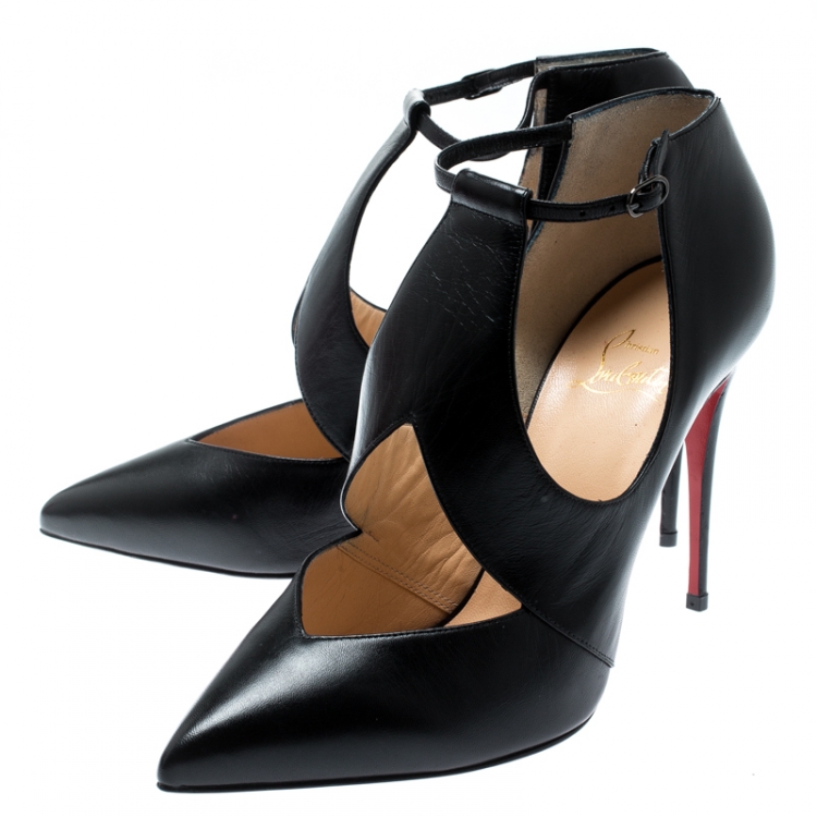 Pre Owned Christian Louboutin Black Leather Ankle Strap Pointed Toe Booties Size 38.5