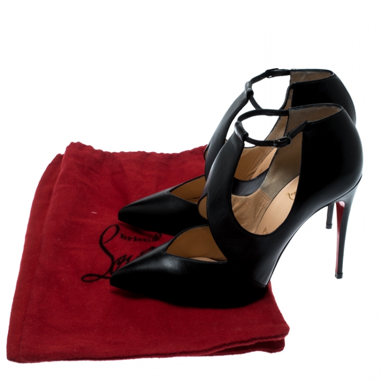 Pre Owned Christian Louboutin Black Leather Ankle Strap Pointed Toe Booties Size 38.5