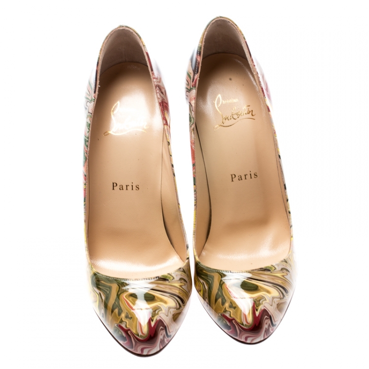 Pre Owned Christian Louboutin Multicolor Marble Print Patent Leather Dorissima Pumps Size 37