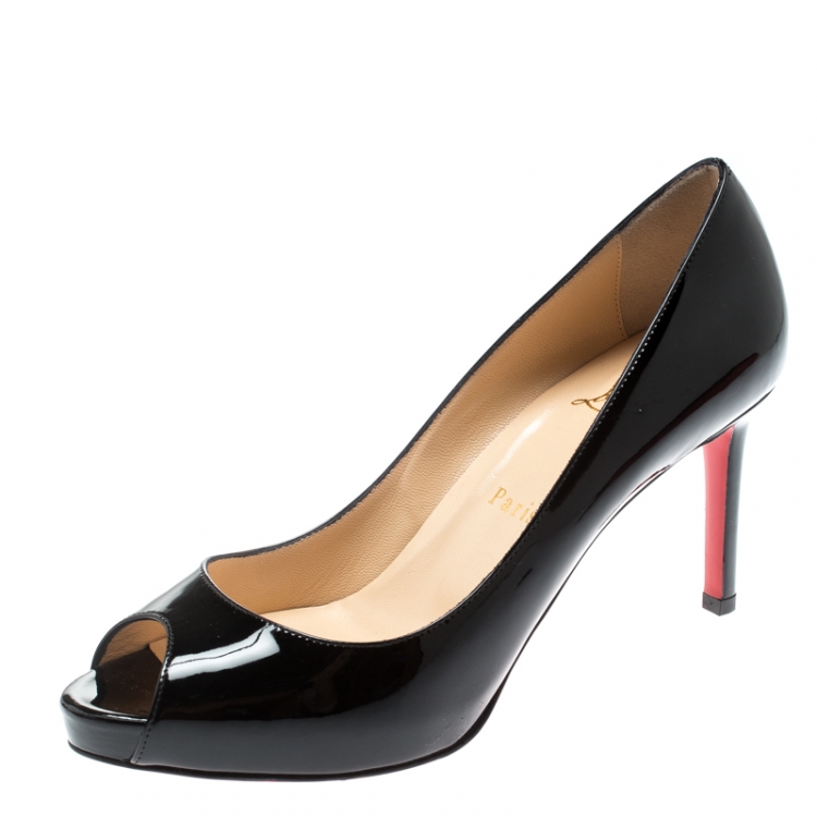 Pre Owned Christian Louboutin Black Patent Leather No Matter Peep Toe Pumps Size 37.5