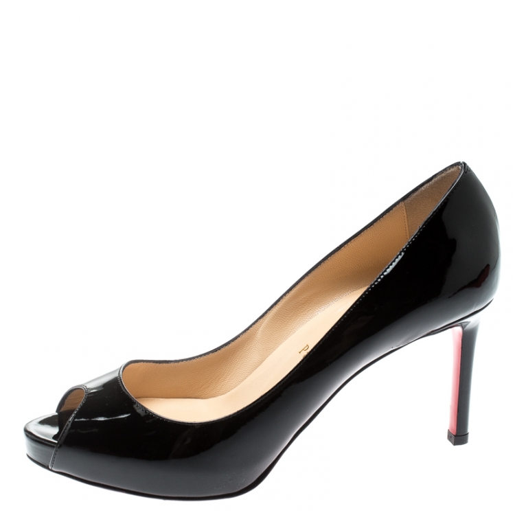 Pre Owned Christian Louboutin Black Patent Leather No Matter Peep Toe Pumps Size 37.5