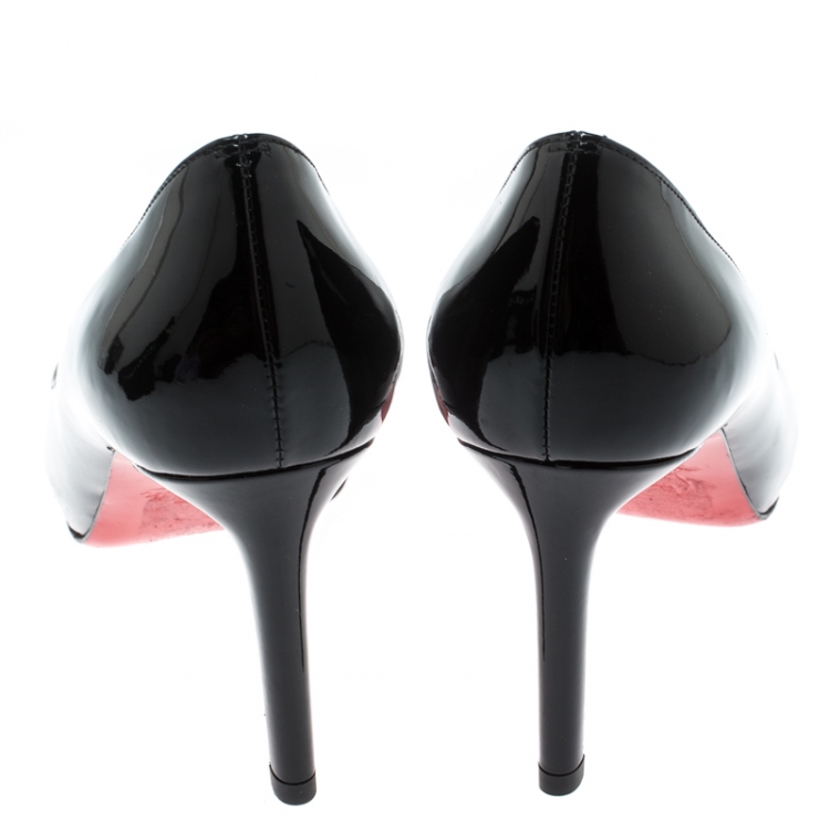 Pre Owned Christian Louboutin Black Patent Leather No Matter Peep Toe Pumps Size 37.5