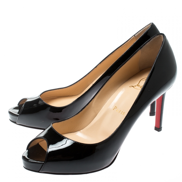 Pre Owned Christian Louboutin Black Patent Leather No Matter Peep Toe Pumps Size 37.5