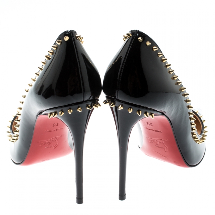 Pre Owned Christian Louboutin Black Studded Patent Leather Anjalina Pumps Size 36