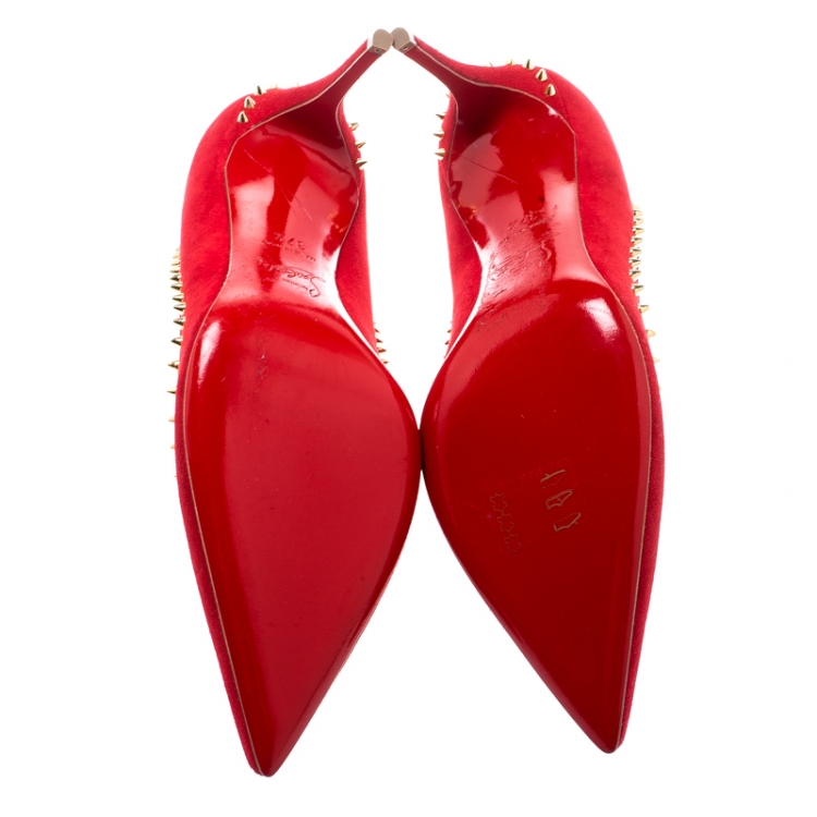 Pre Owned Christian Louboutin Red Suede Anjalina Spike Trim Pointed Toe Pumps Size 37.5