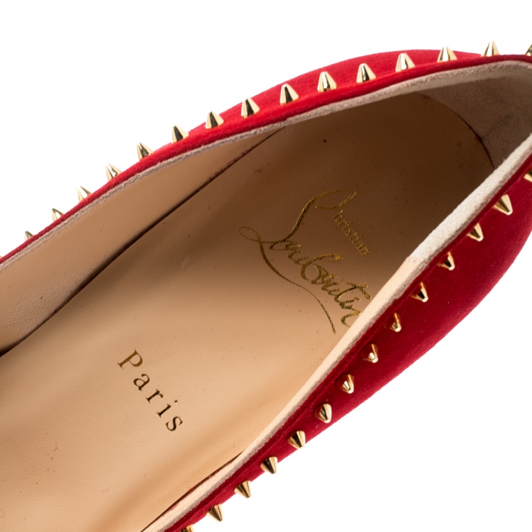 Pre Owned Christian Louboutin Red Suede Anjalina Spike Trim Pointed Toe Pumps Size 37.5