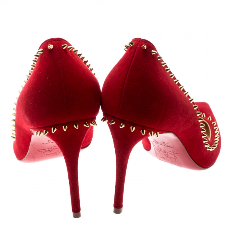 Pre Owned Christian Louboutin Red Suede Anjalina Spike Trim Pointed Toe Pumps Size 37.5