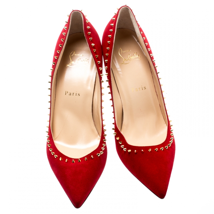 Pre Owned Christian Louboutin Red Suede Anjalina Spike Trim Pointed Toe Pumps Size 37.5