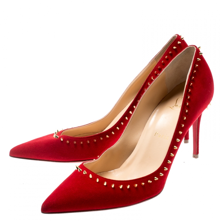 Pre Owned Christian Louboutin Red Suede Anjalina Spike Trim Pointed Toe Pumps Size 37.5