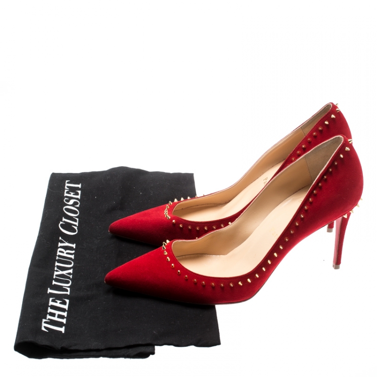 Pre Owned Christian Louboutin Red Suede Anjalina Spike Trim Pointed Toe Pumps Size 37.5