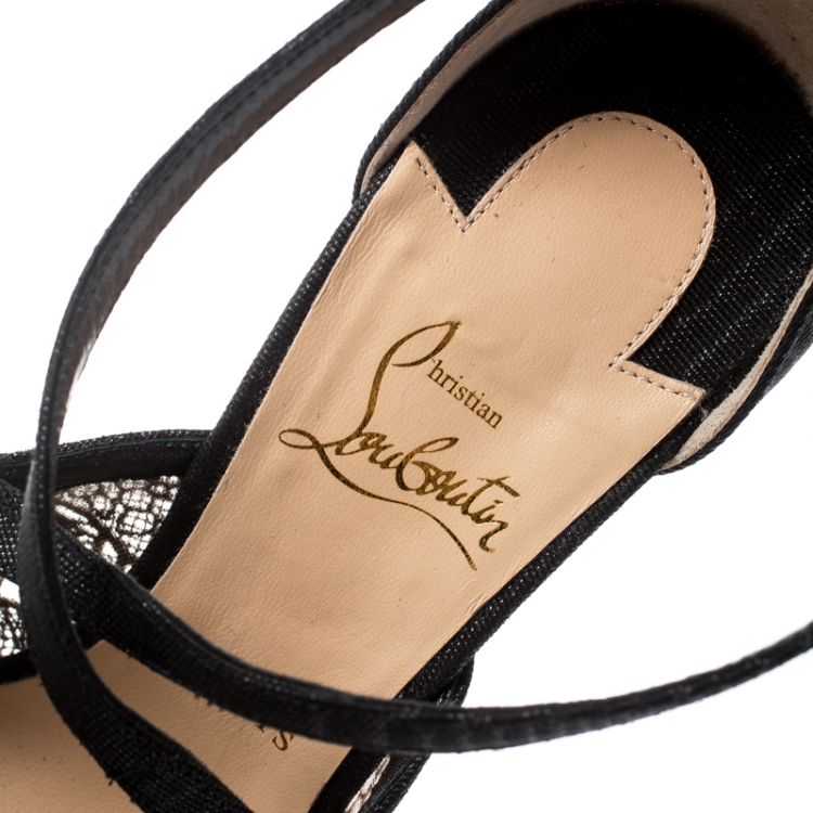 Pre Owned Christian Louboutin Black Lace And Fabric Twistissima Pointed Toe Ankle Strap Sandals Size 38