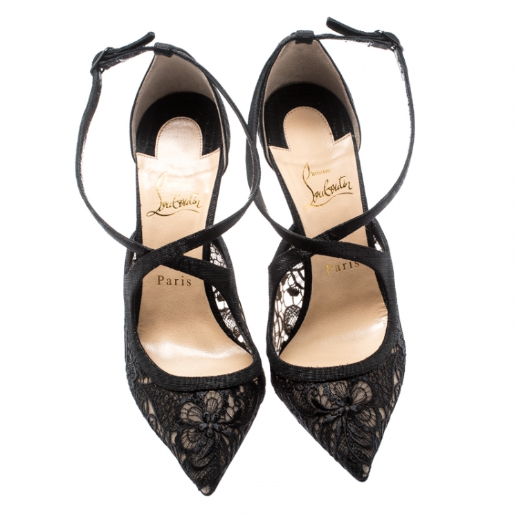 Pre Owned Christian Louboutin Black Lace And Fabric Twistissima Pointed Toe Ankle Strap Sandals Size 38