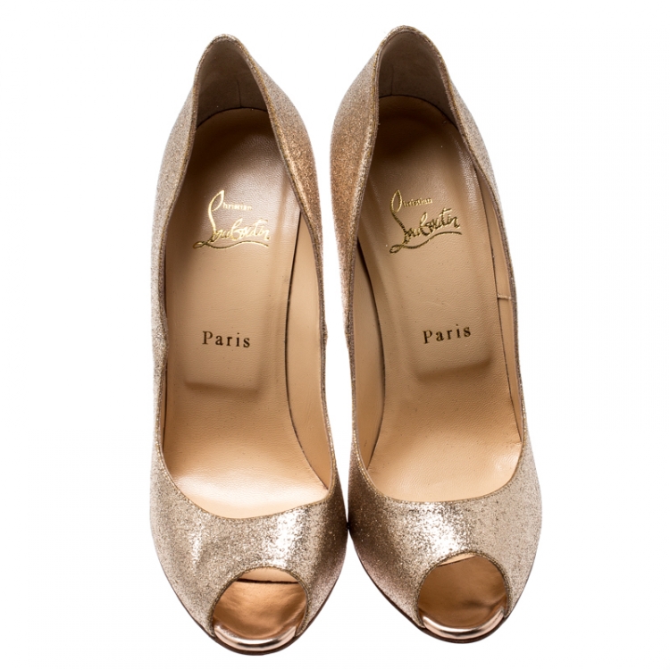 Pre Owned Christian Louboutin Metallic Gold Glitter Flo Peep Toe Pumps Size 40