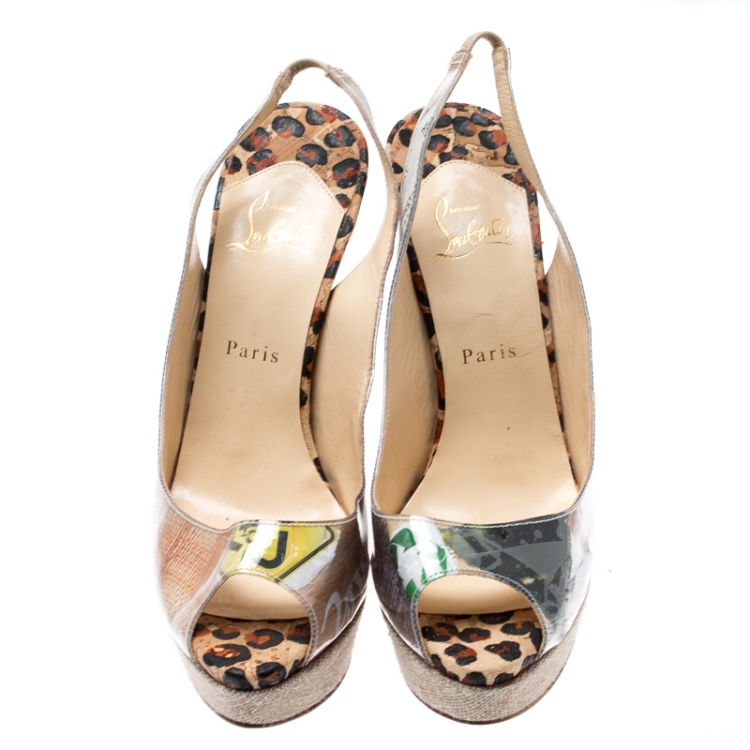 Pre Owned Christian Louboutin Beige PVC Eco Trash Peep Toe Platform Slingback Sandals Size 40