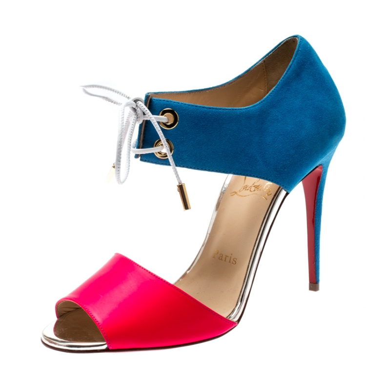 Pre Owned Christian Louboutin Two Tone Leather and Suede Mayerling Lace Up Sandals Size 38