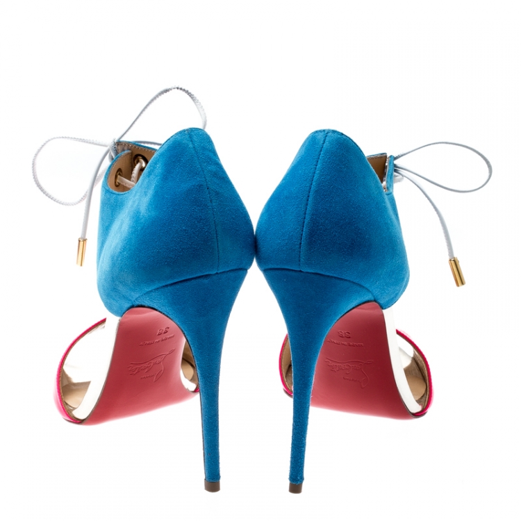 Pre Owned Christian Louboutin Two Tone Leather and Suede Mayerling Lace Up Sandals Size 38