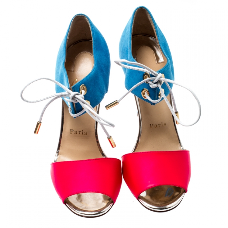 Pre Owned Christian Louboutin Two Tone Leather and Suede Mayerling Lace Up Sandals Size 38