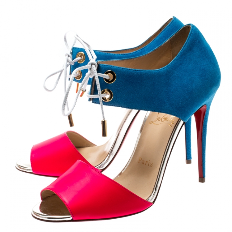 Pre Owned Christian Louboutin Two Tone Leather and Suede Mayerling Lace Up Sandals Size 38