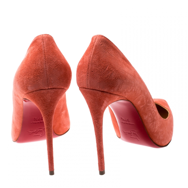 Pre Owned Christian Louboutin Coral Pink Suede Pigalle Follies Pointed Toe Pumps Size 37.5
