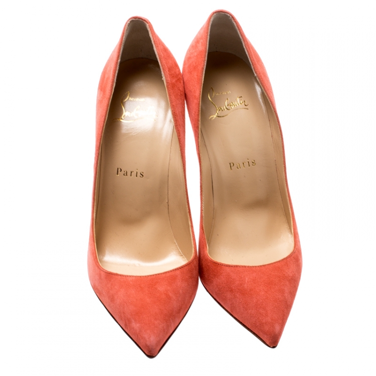 Pre Owned Christian Louboutin Coral Pink Suede Pigalle Follies Pointed Toe Pumps Size 37.5