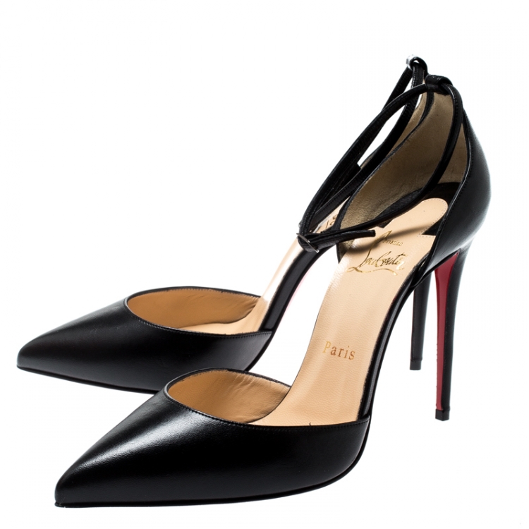 Pre Owned Christian Louboutin Black Leather Uptown Ankle Strap Pointed Toe D'orsay Sandals Size 38.5