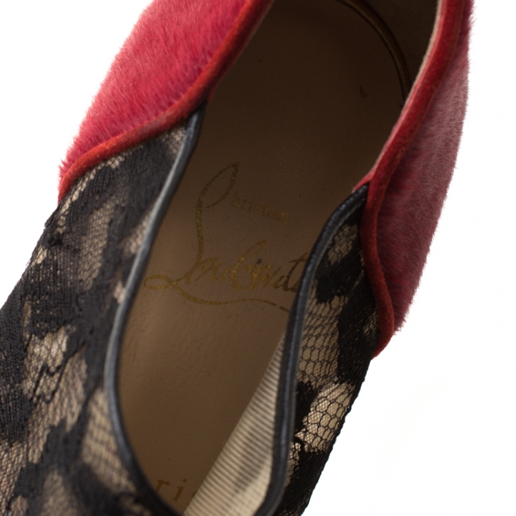 Pre Owned Christian Louboutin Leopard/Red Flame Pony Hair and Lace Aeronotoc Booties Size 37