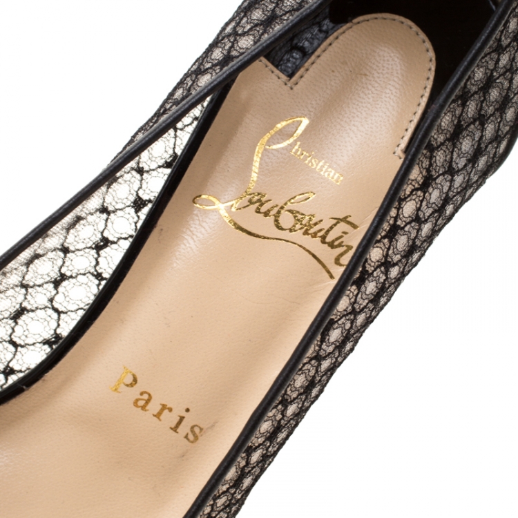 Pre Owned Christian Louboutin Black Leather And Lace Pointed Toe Pumps Size 37
