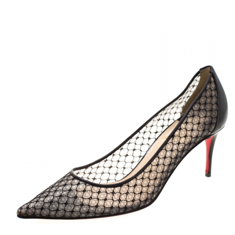Pre Owned Christian Louboutin Black Leather And Lace Pointed Toe Pumps Size 37