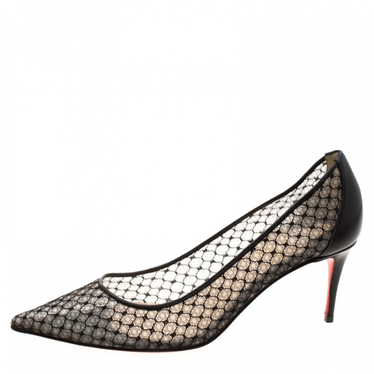 Pre Owned Christian Louboutin Black Leather And Lace Pointed Toe Pumps Size 37