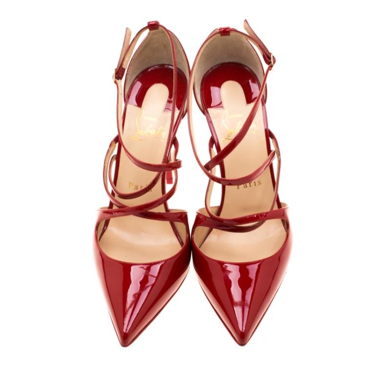 مملوكة مسبقًا Christian Louboutin Red Patent Leather Cross Fliketa Pointed Toe Sandals Size 37.5