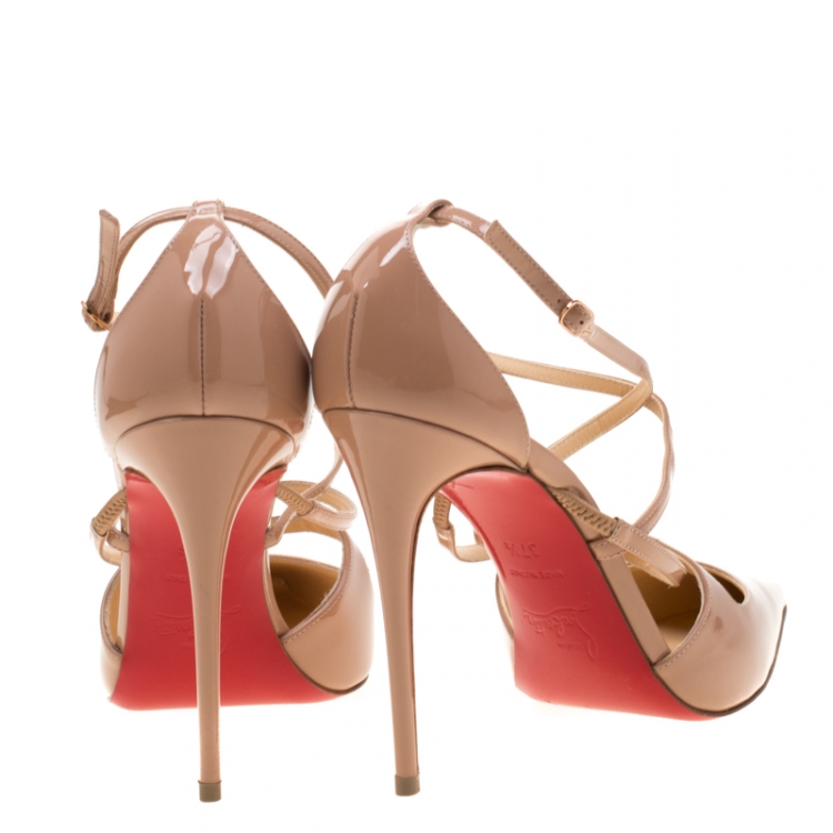 Pre Owned Christian Louboutin Beige Patent Leather Crossfliketa Sandals Size 37.5