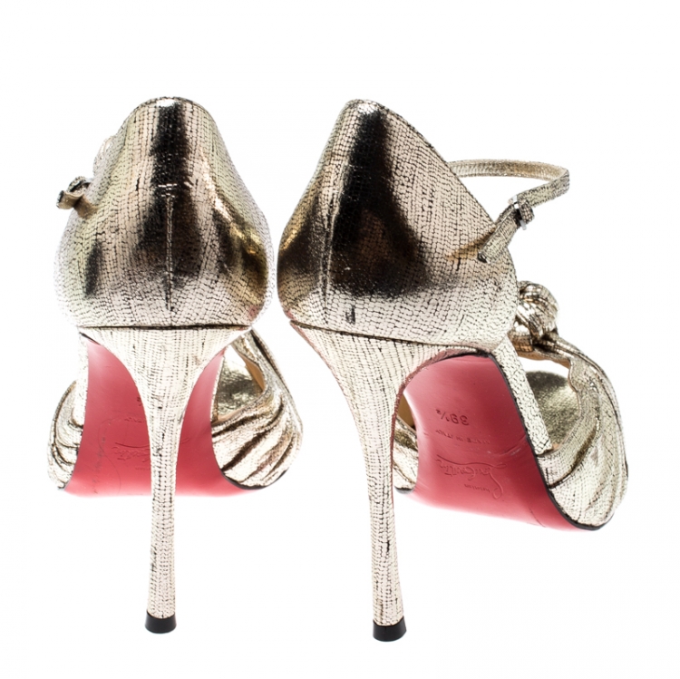 Pre Owned Christian Louboutin Metallic Gold Leather Marchavekel Knotted Ankle Strap Sandals Size 39.5