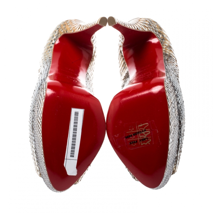 Pre Owned Christian Louboutin Metallic Two Tone Python Leather Lady Peep Toe Platform Pumps Size 37.5