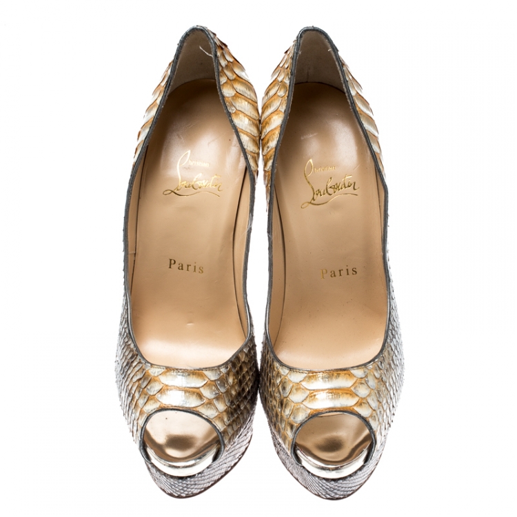 Pre Owned Christian Louboutin Metallic Two Tone Python Leather Lady Peep Toe Platform Pumps Size 37.5