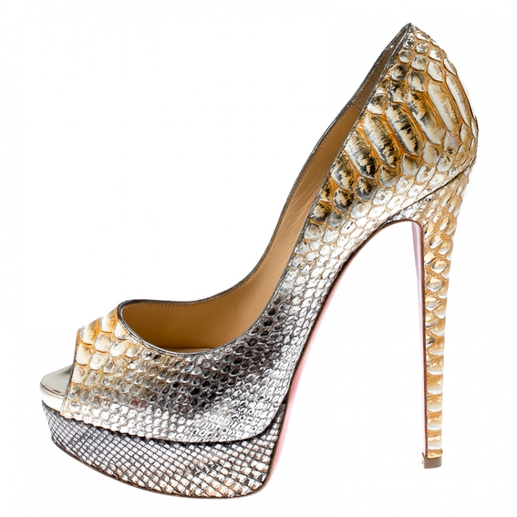 Pre Owned Christian Louboutin Metallic Two Tone Python Leather Lady Peep Toe Platform Pumps Size 37.5