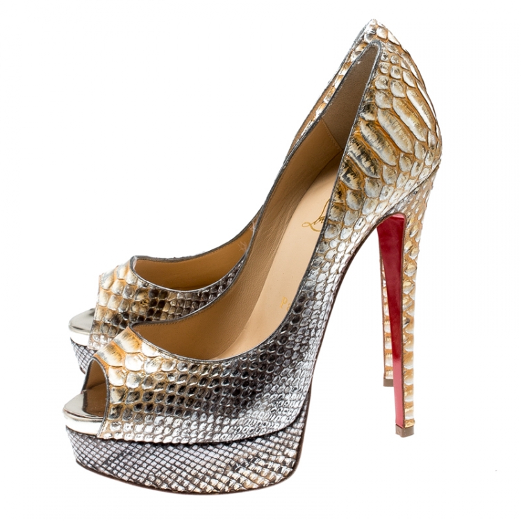 Pre Owned Christian Louboutin Metallic Two Tone Python Leather Lady Peep Toe Platform Pumps Size 37.5