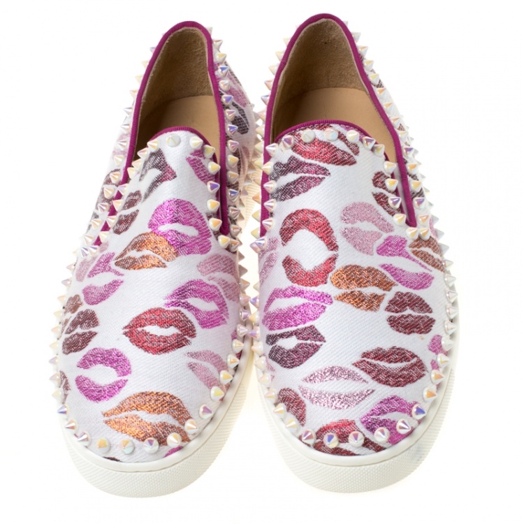 Pre Owned Christian Louboutin Multicolor Kiss Print Canvas Pik Boat Slip On Sneakers Size 37