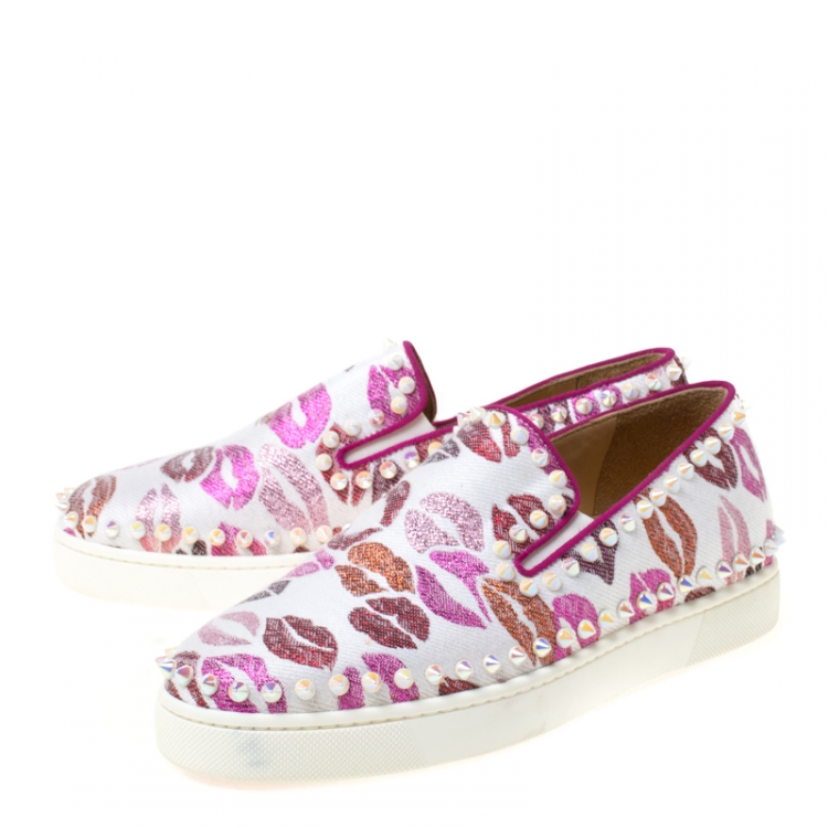 Pre Owned Christian Louboutin Multicolor Kiss Print Canvas Pik Boat Slip On Sneakers Size 37