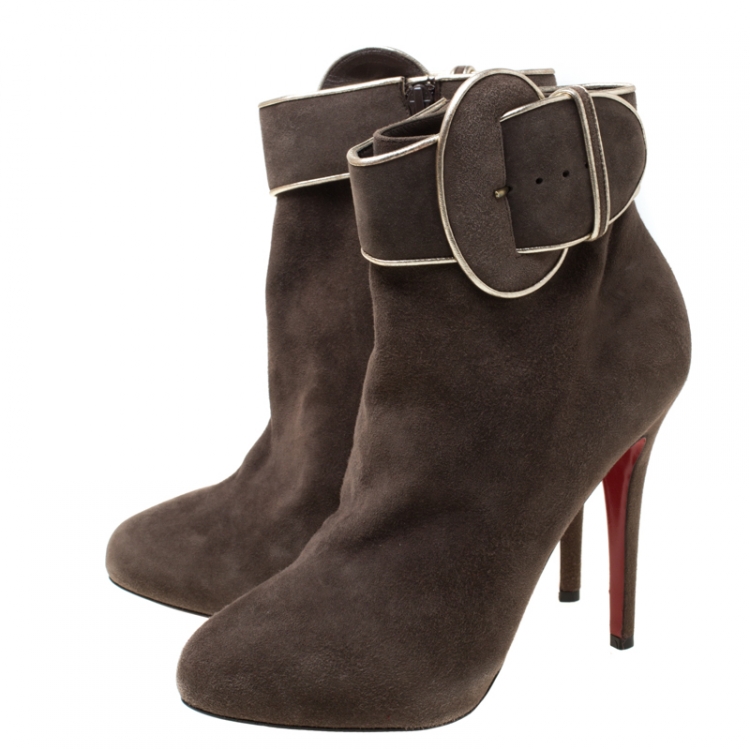 Pre Owned Christian Louboutin Elephant Grey Suede Trottinette Buckle Detail Ankle Boots Size 40