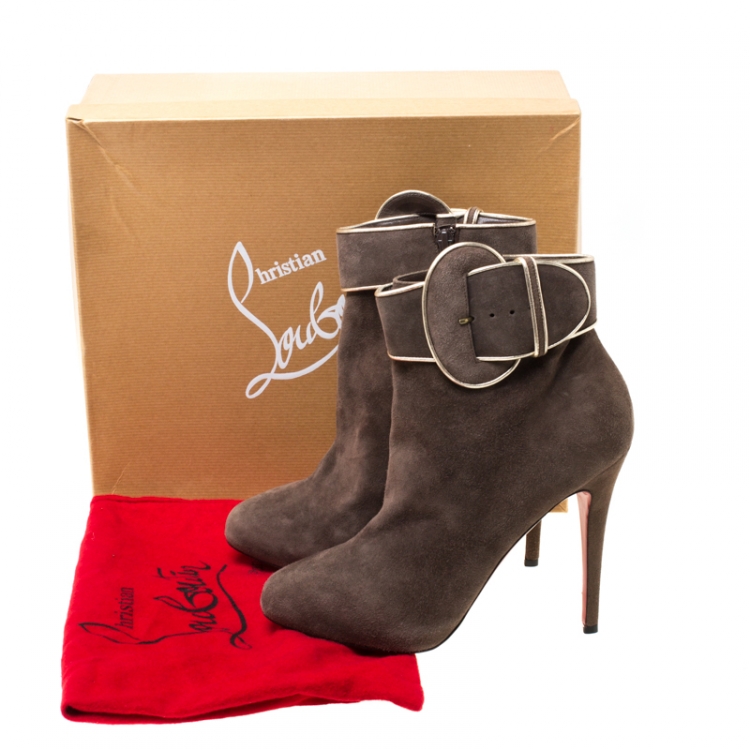 Pre Owned Christian Louboutin Elephant Grey Suede Trottinette Buckle Detail Ankle Boots Size 40