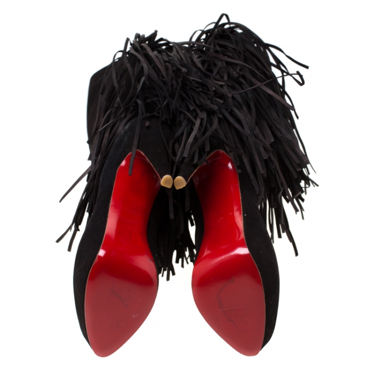 Pre Owned Christian Louboutin Brown Suede Interlopa Fringe Detail Knee Length Platform Boots Size 37
