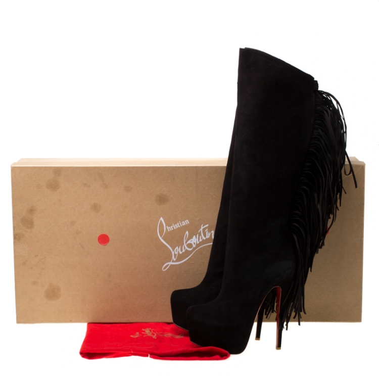 Pre Owned Christian Louboutin Brown Suede Interlopa Fringe Detail Knee Length Platform Boots Size 37