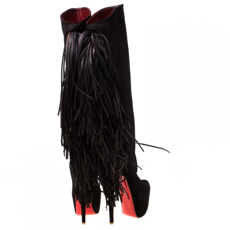 Pre Owned Christian Louboutin Brown Suede Interlopa Fringe Detail Knee Length Platform Boots Size 37