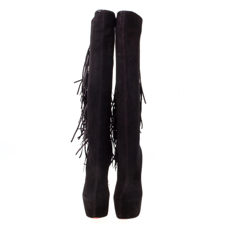 Pre Owned Christian Louboutin Brown Suede Interlopa Fringe Detail Knee Length Platform Boots Size 37