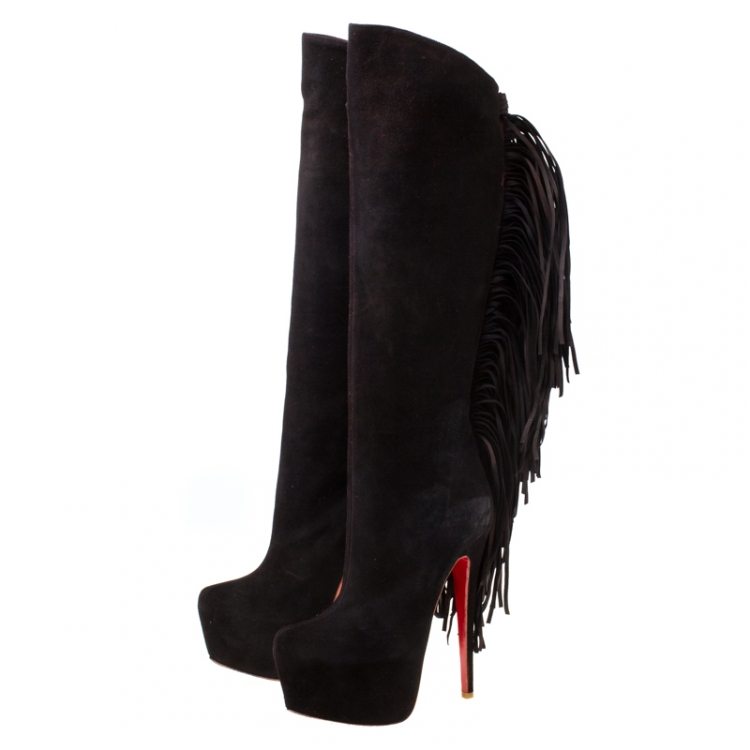 Pre Owned Christian Louboutin Brown Suede Interlopa Fringe Detail Knee Length Platform Boots Size 37