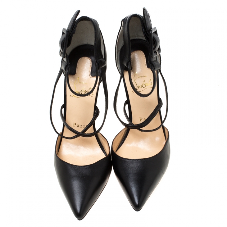Pre Owned Christian Louboutin Black Leather Ankle Strap Pointed Toe Sandals Size 36